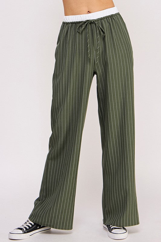 Pinstripe Wide Leg Pant in Olive