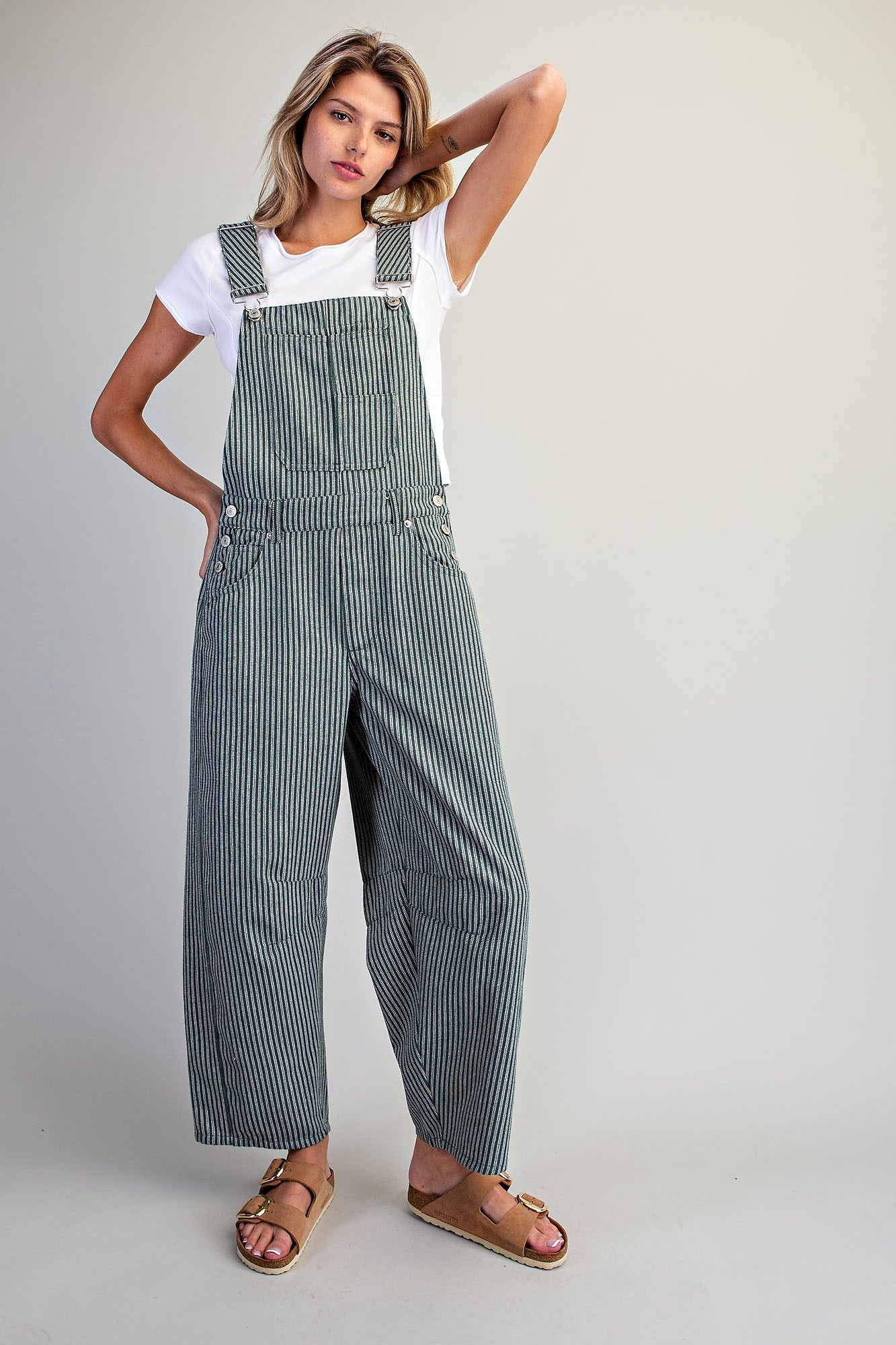 Stripe Overalls in Forest Green