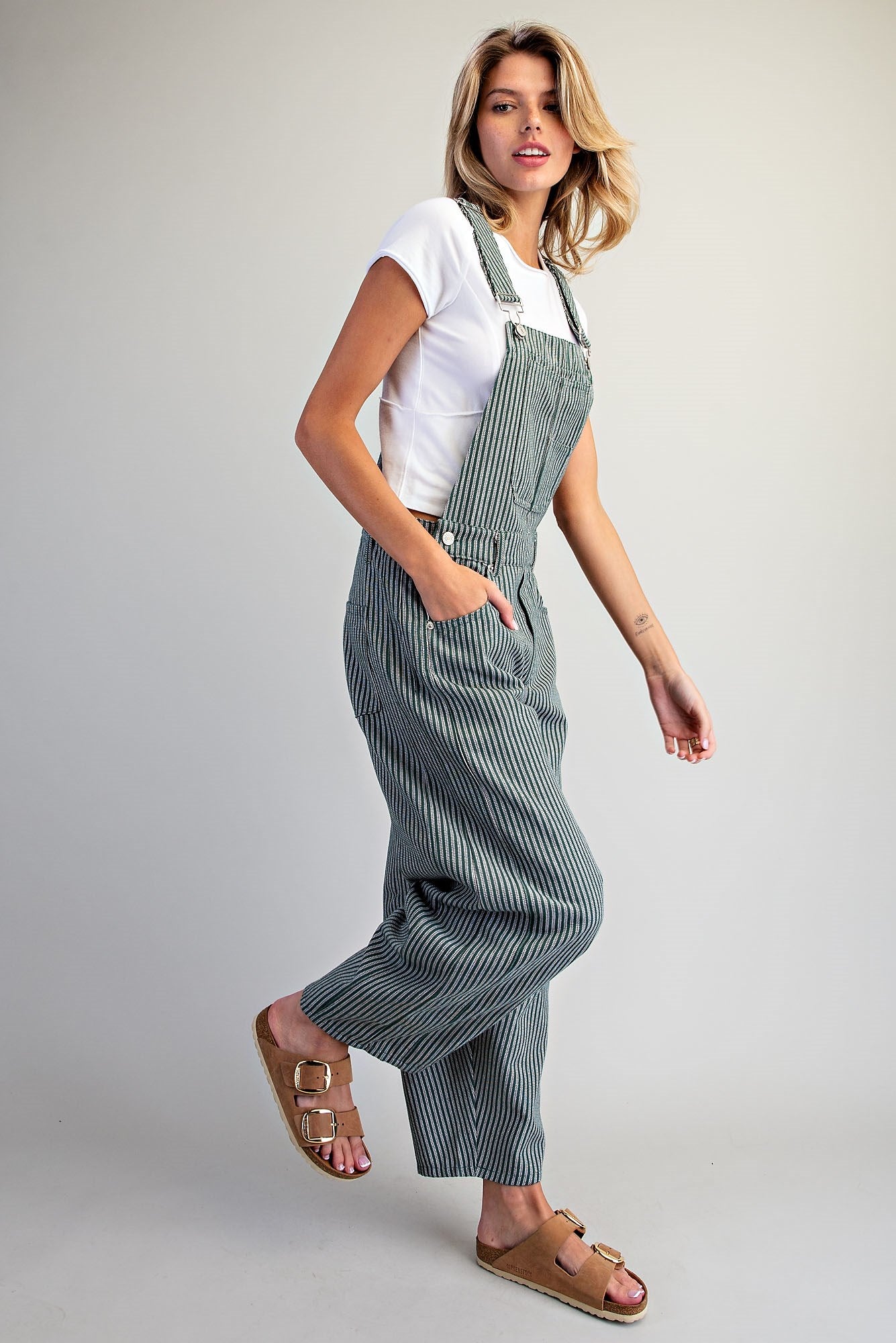 Stripe Overalls in Forest Green