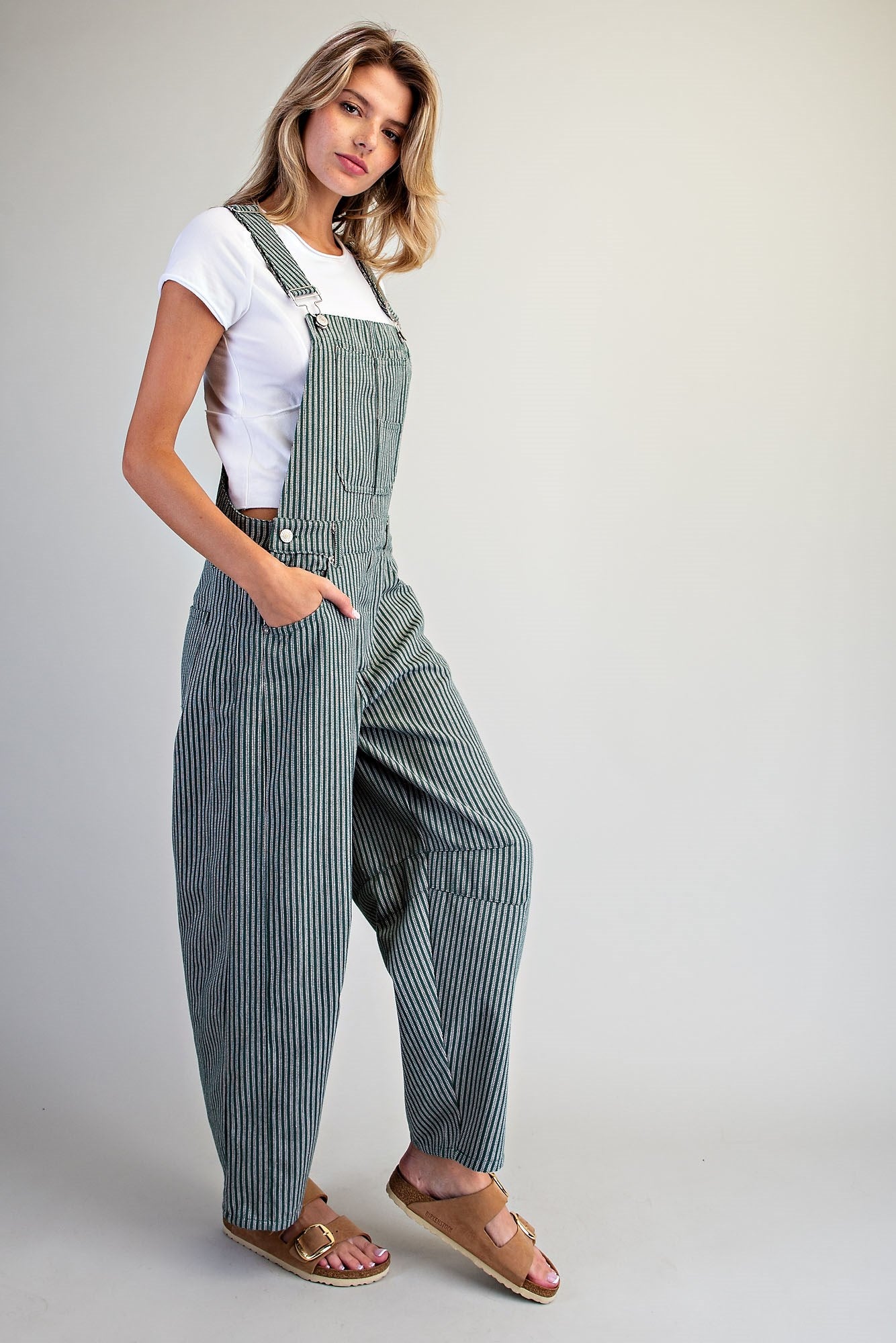 Stripe Overalls in Forest Green