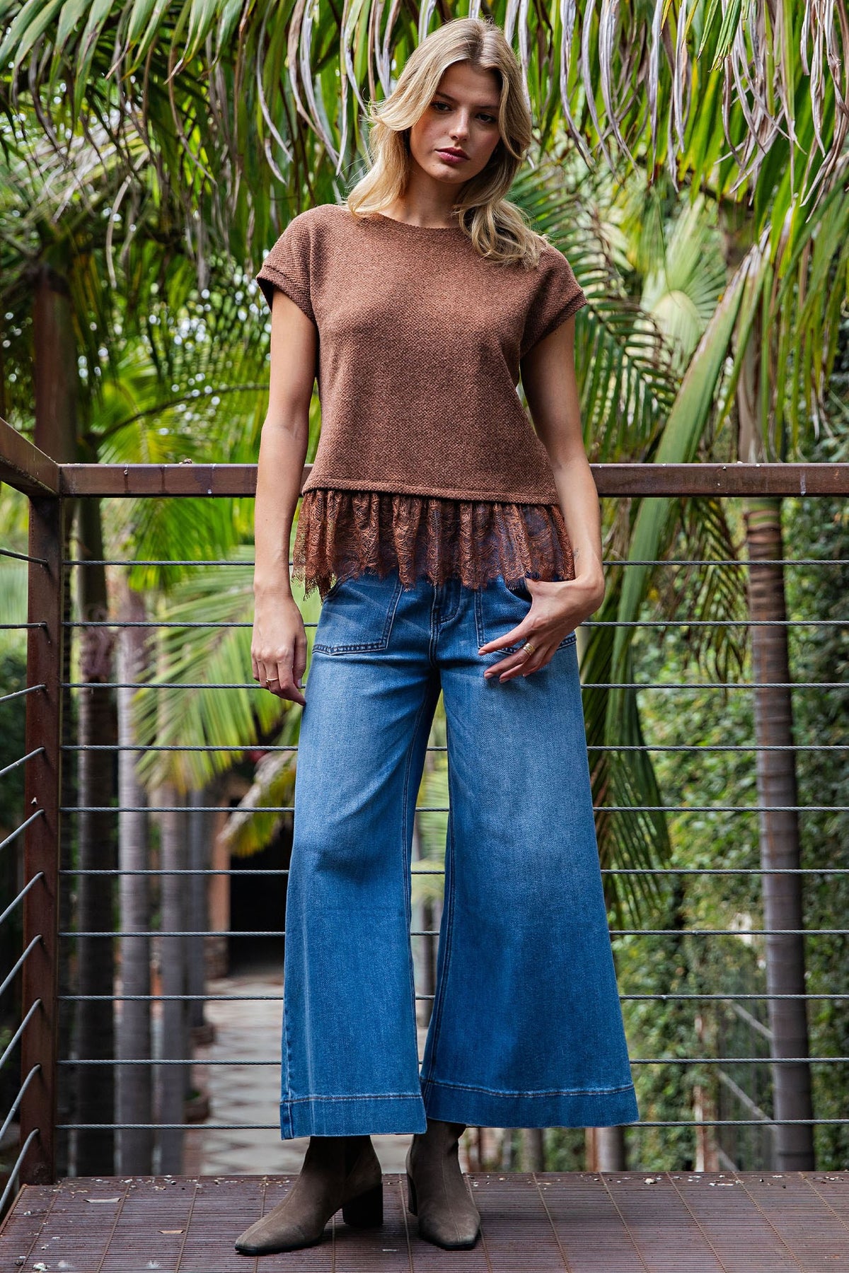 Lace Trim Textured Knot Top