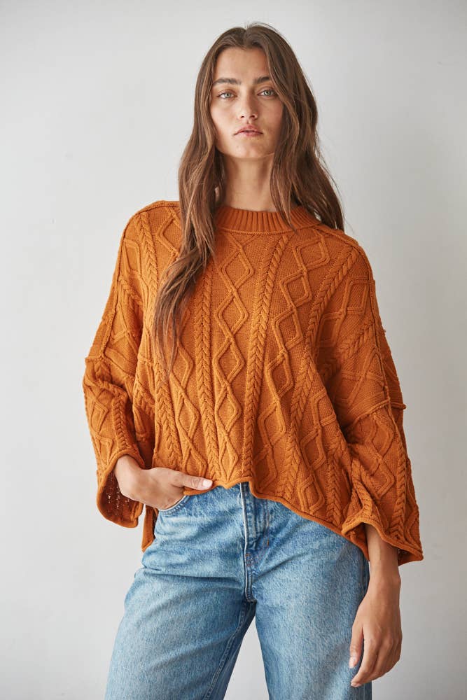 Knit Cable Sweater Cotton 3/4 Sleeve Pullover
