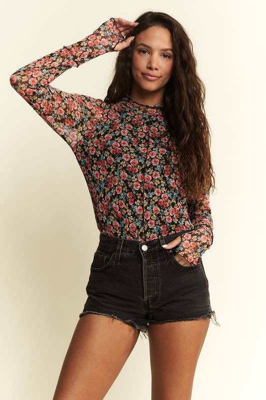 MOCKNECK FLORAL PRINT MESH TOP