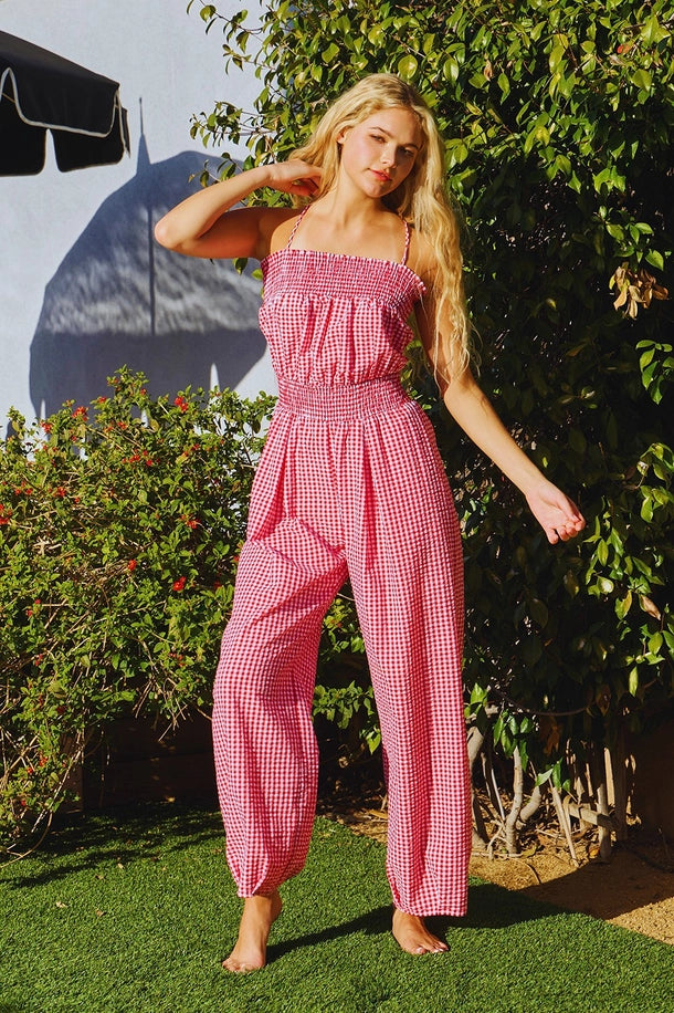 Smocked Checkered Seersucker Jumpsuit