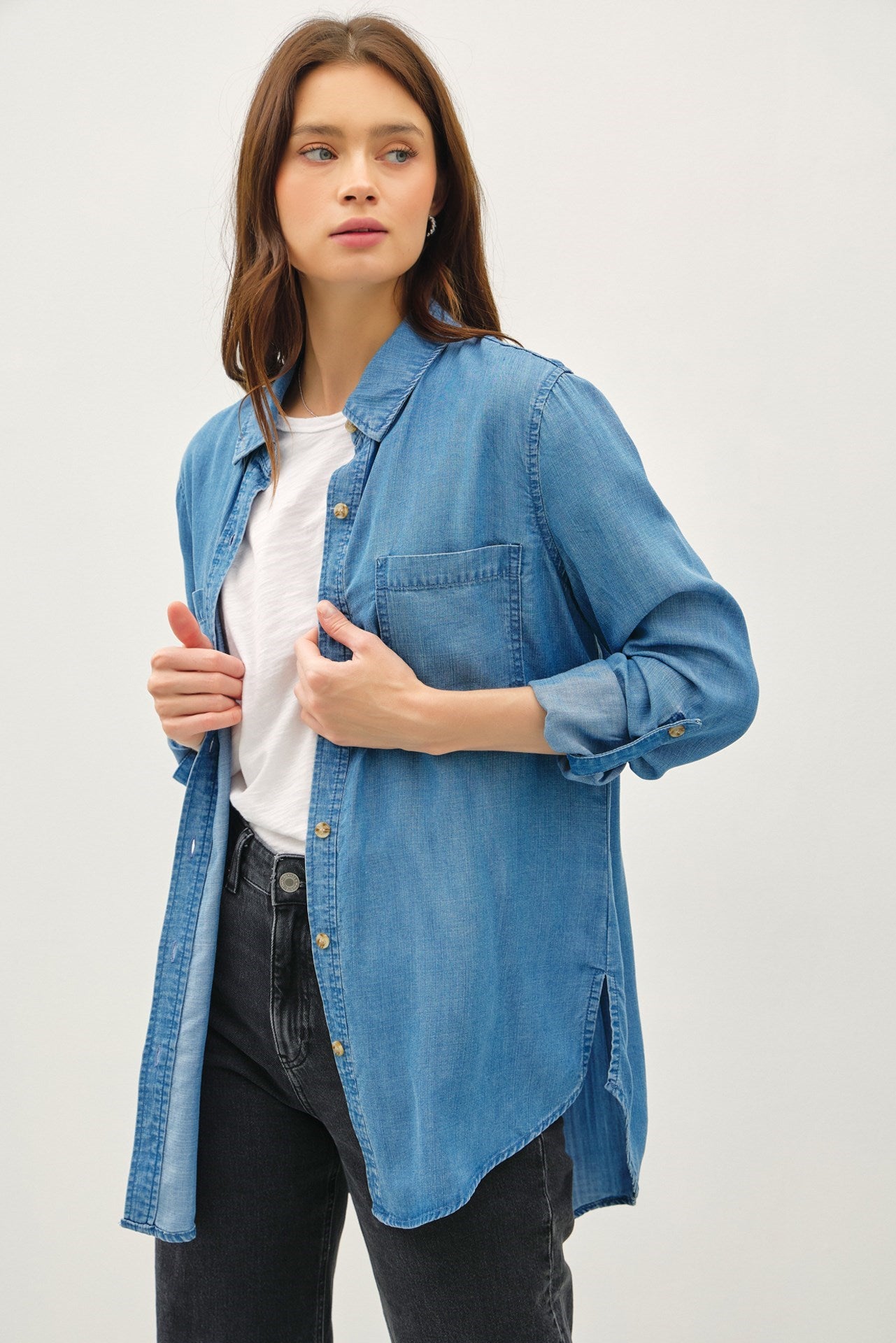 Long Sleeve Denim Tencel Button Up Top