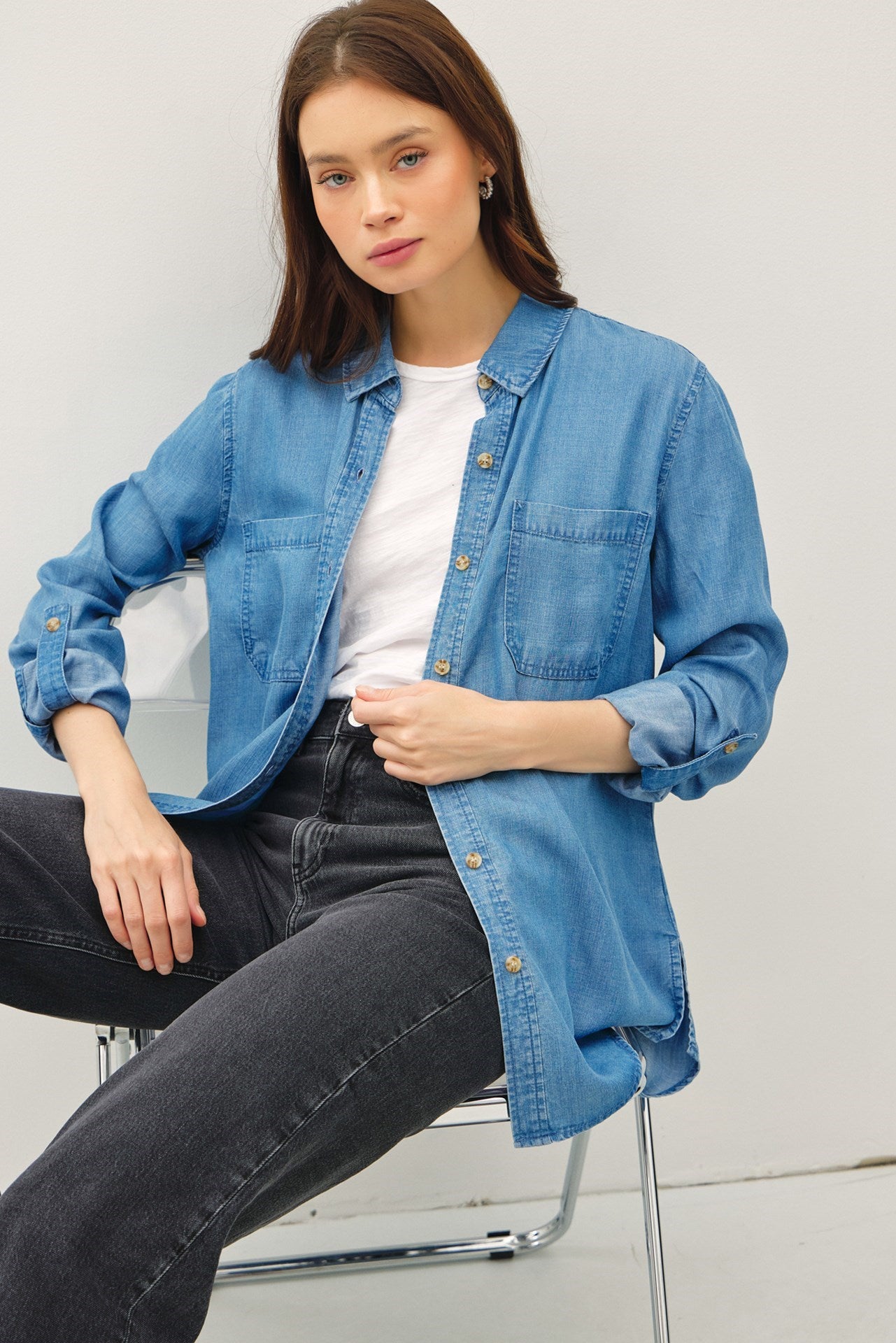 Long Sleeve Denim Tencel Button Up Top