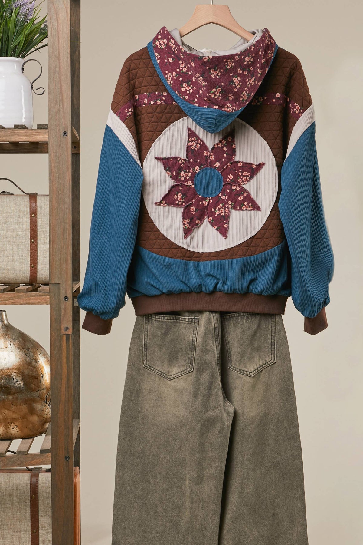 Corduroy Vintage Floral Patch Zip Hoodie