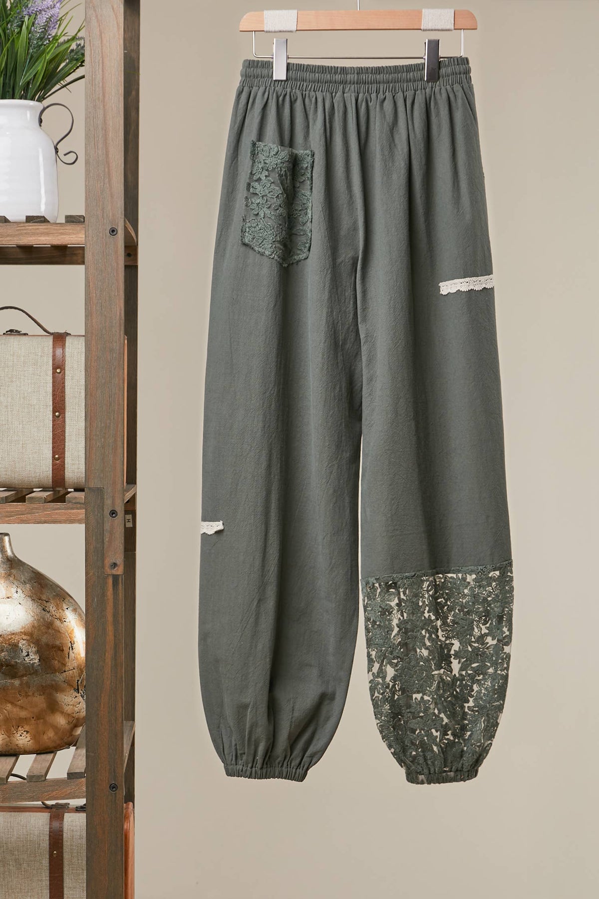 Lace Accents Patchwork Crochet Jogger Pants