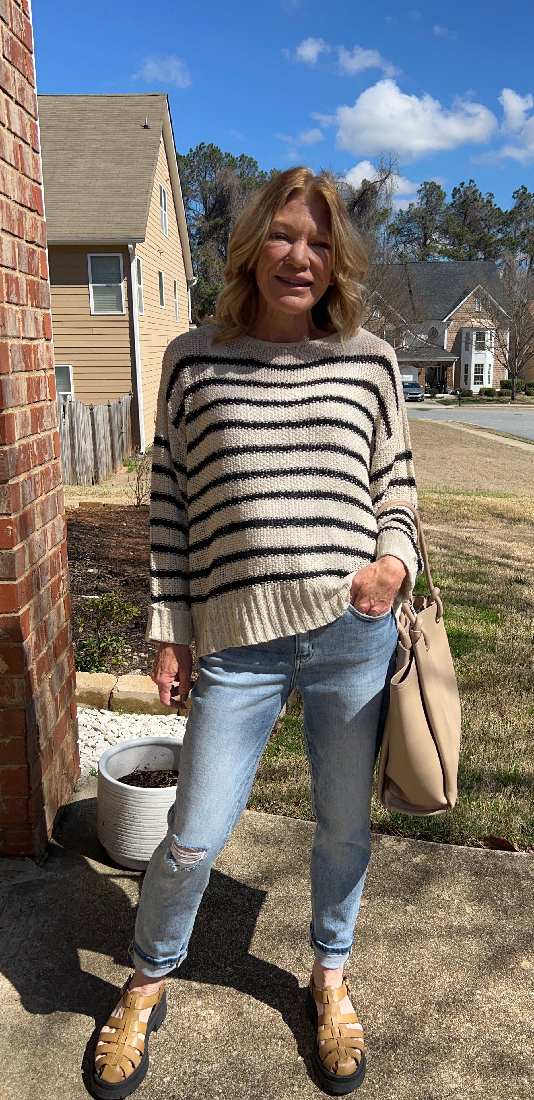 Striped open knit sweater