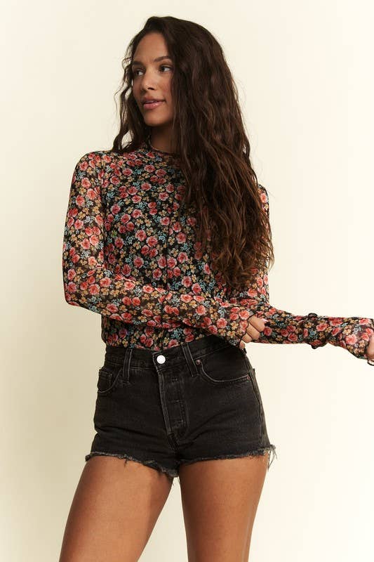 MOCKNECK FLORAL PRINT MESH TOP