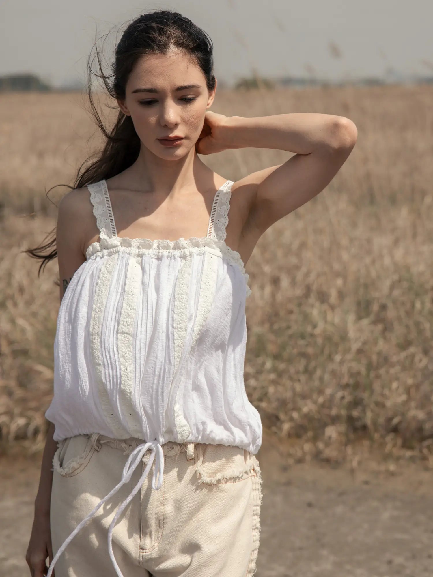 Lace Sleeve Drawstring Waist Tank