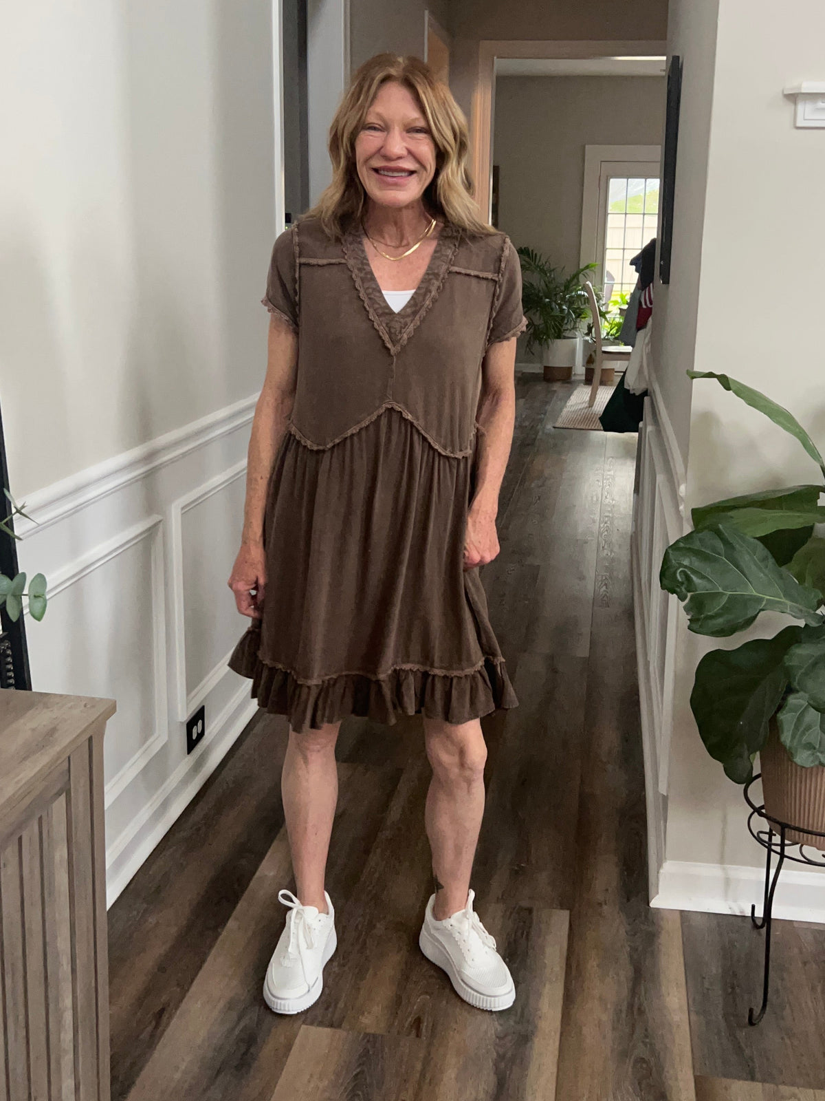 Mineral washed short sleeve Crochet Dress in Ash