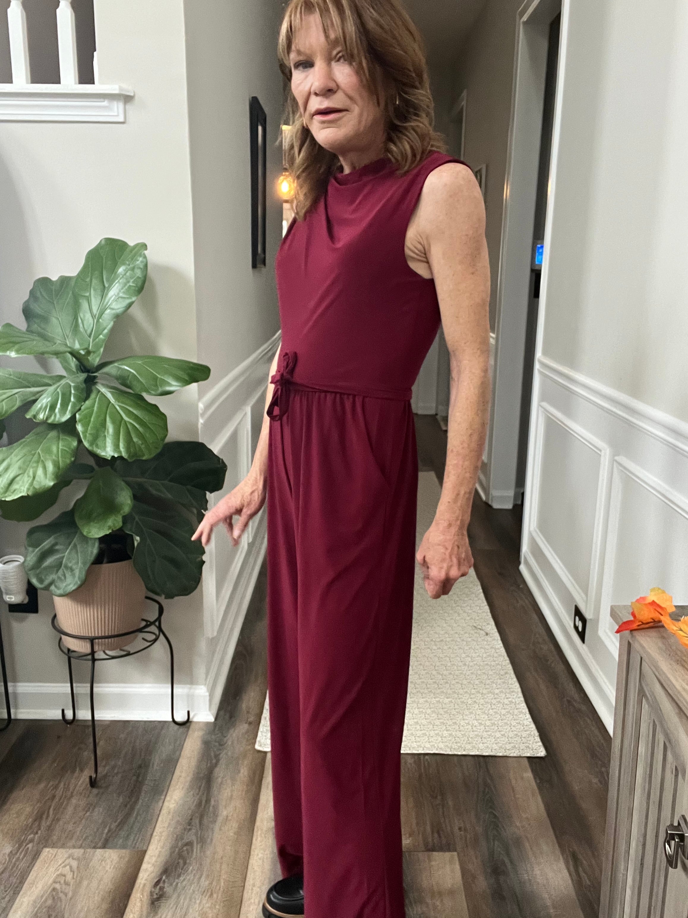 Mock Neck Wide Leg Jumpsuit in Burgundy