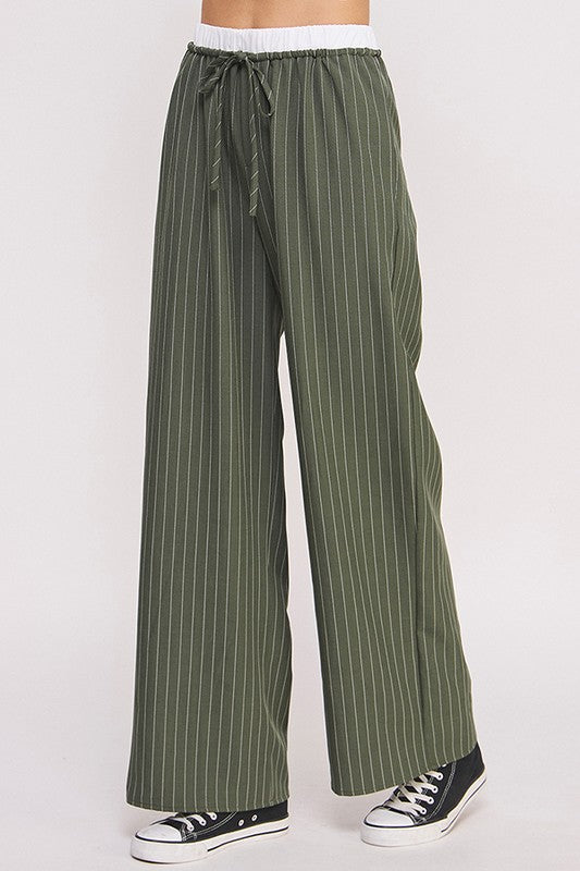 Pinstripe Wide Leg Pant in Olive