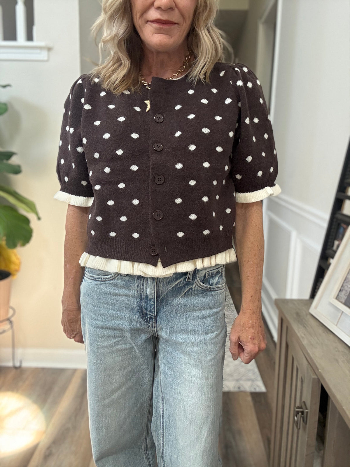 Ruffled Polka Dot Cardigan in Brown