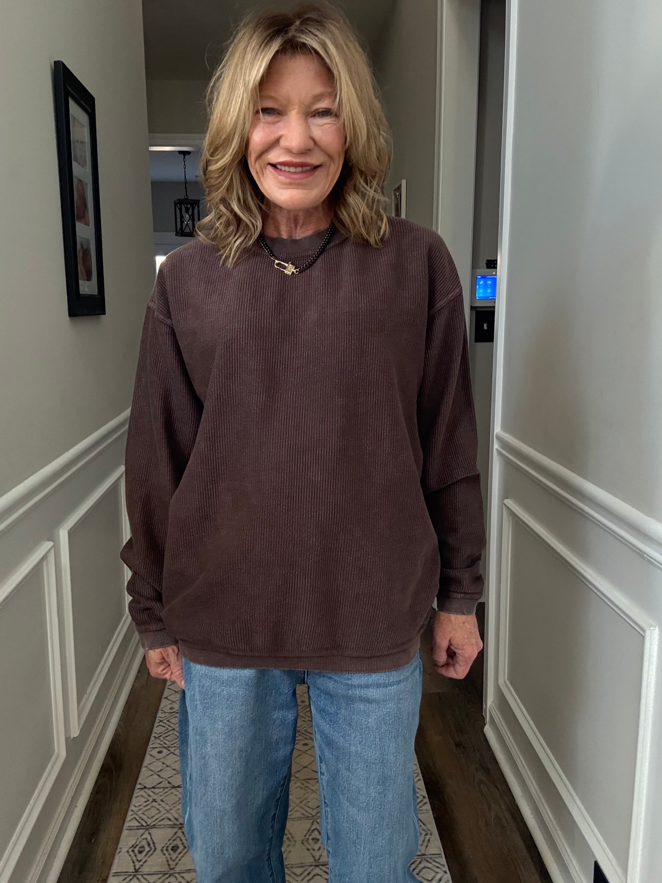 Long Sleeve Corded Crew in Chocolate