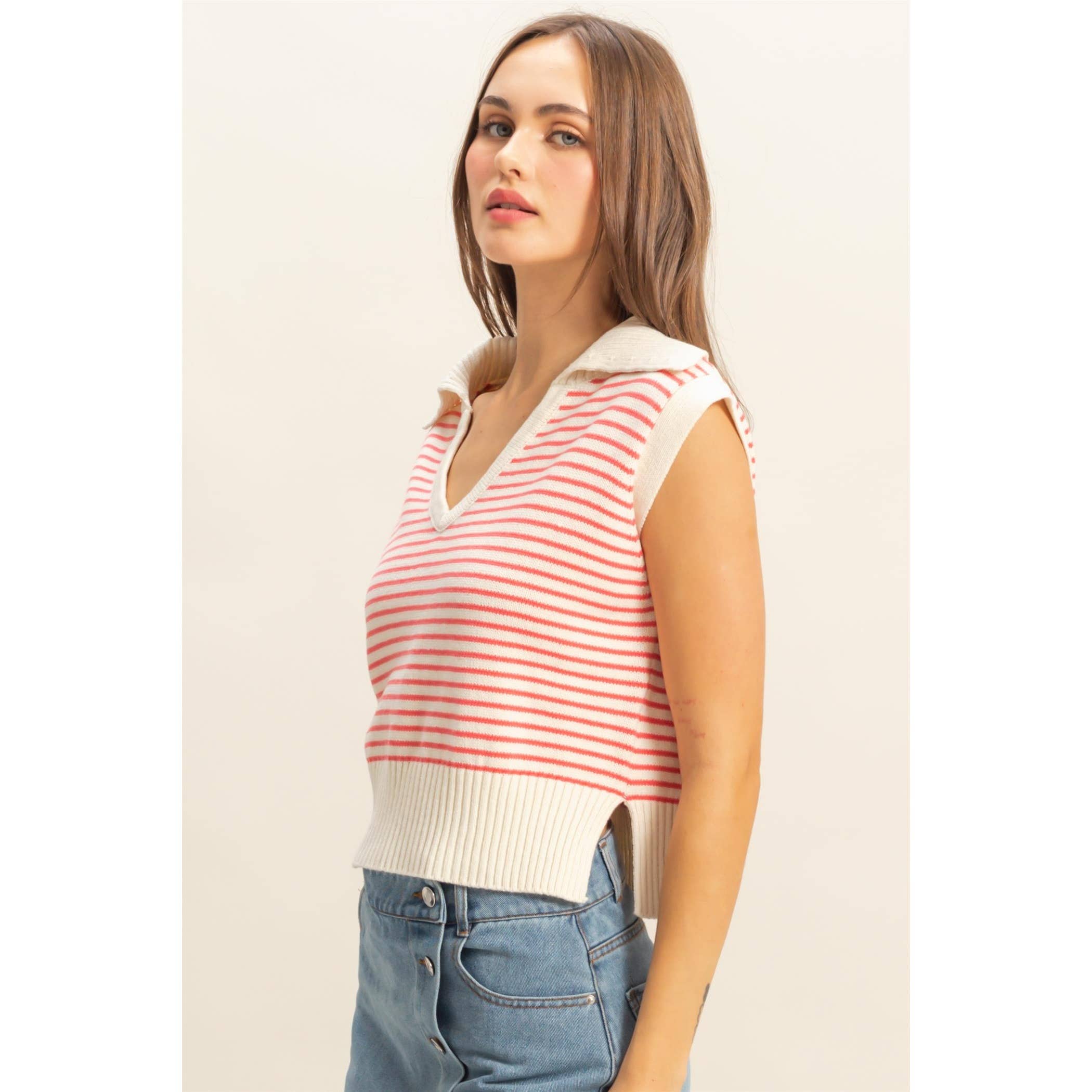 Striped Knit Collared Sleeveless Top