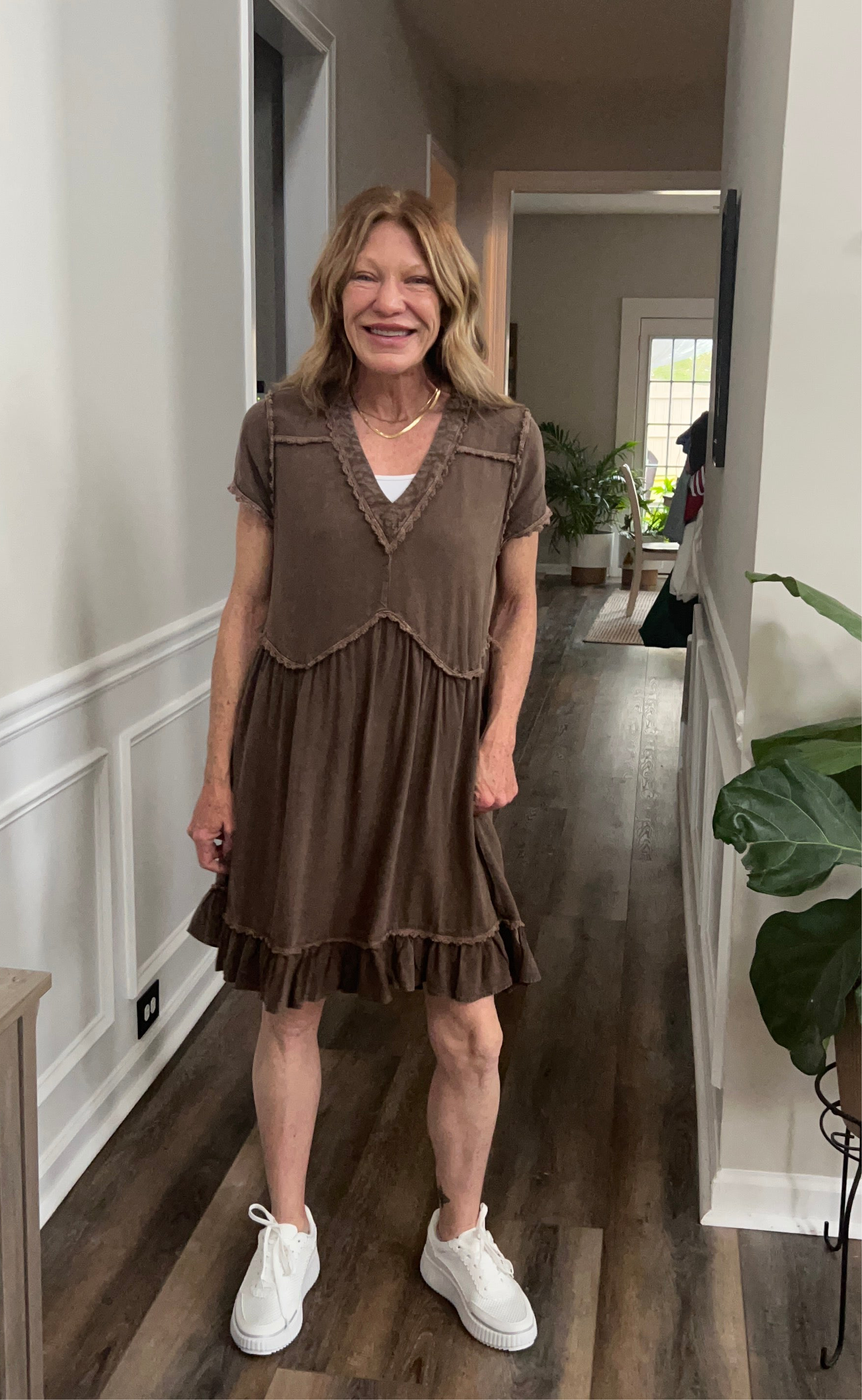 Mineral washed short sleeve Crochet Dress in Ash