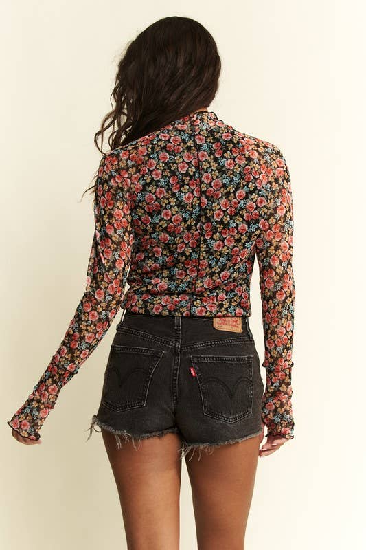 MOCKNECK FLORAL PRINT MESH TOP