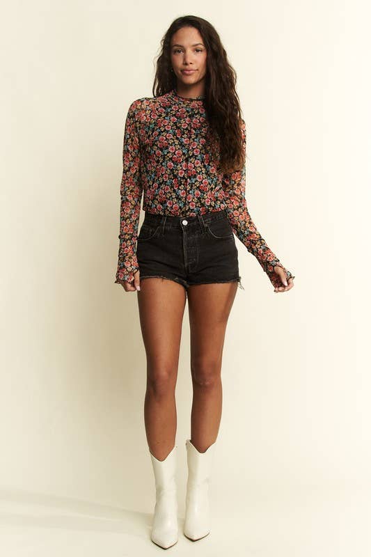 MOCKNECK FLORAL PRINT MESH TOP