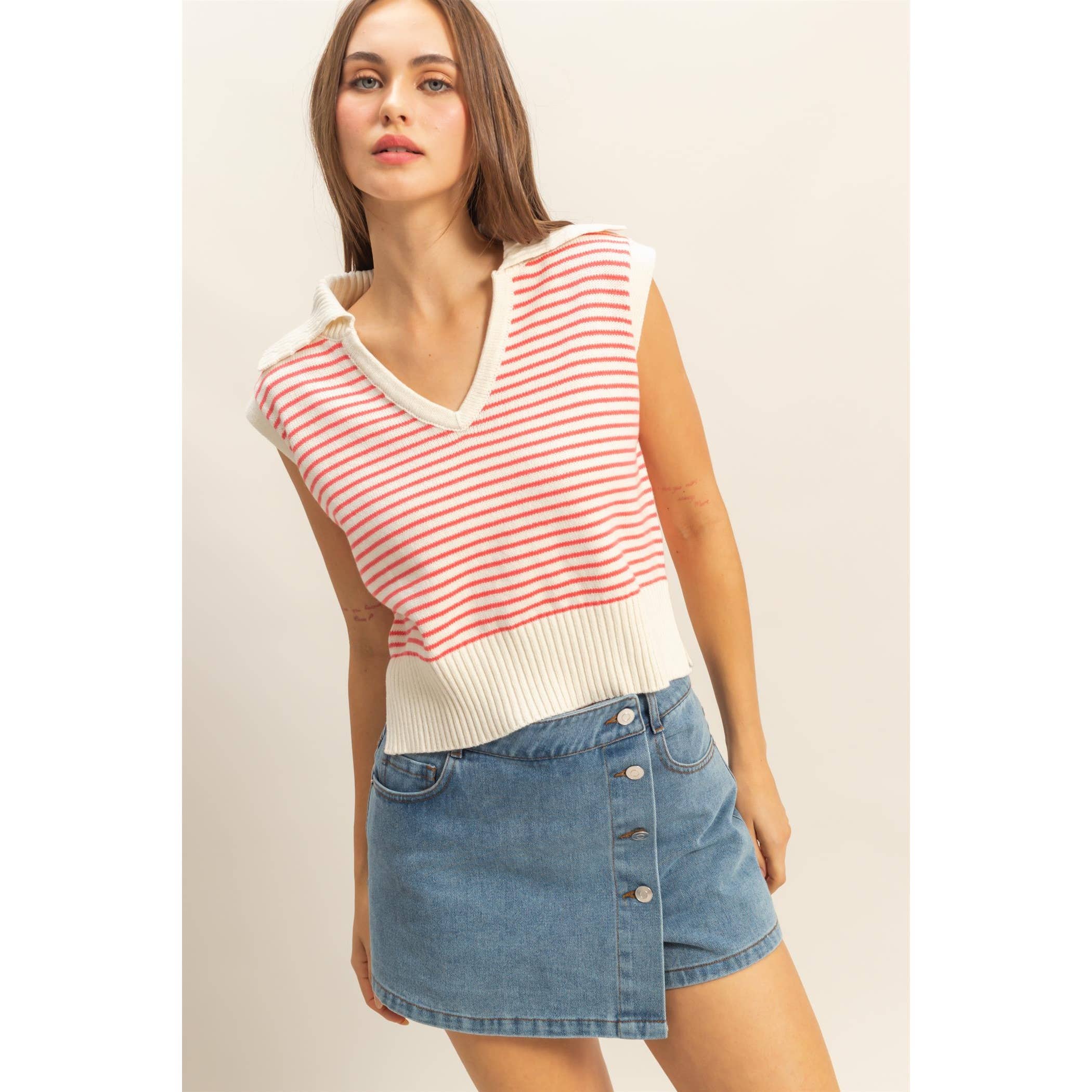 Striped Knit Collared Sleeveless Top