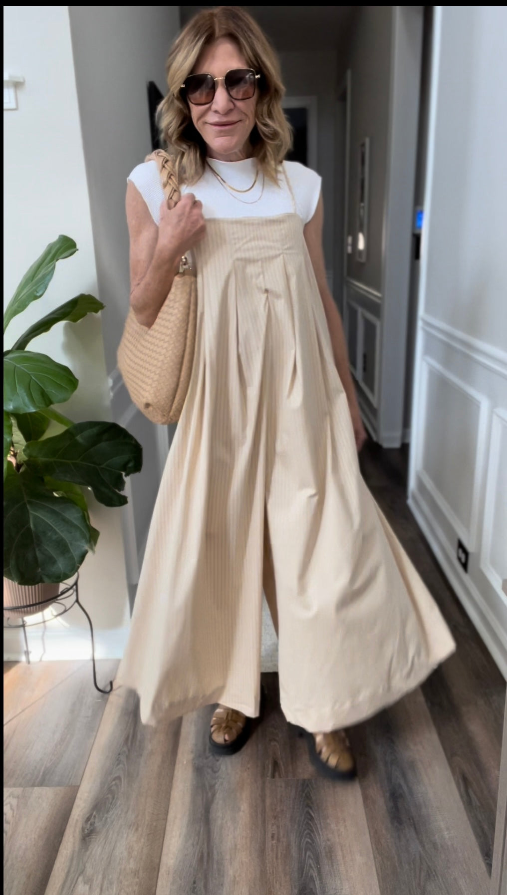 Striped Wide Leg Pleated Jumpsuit in Taupe