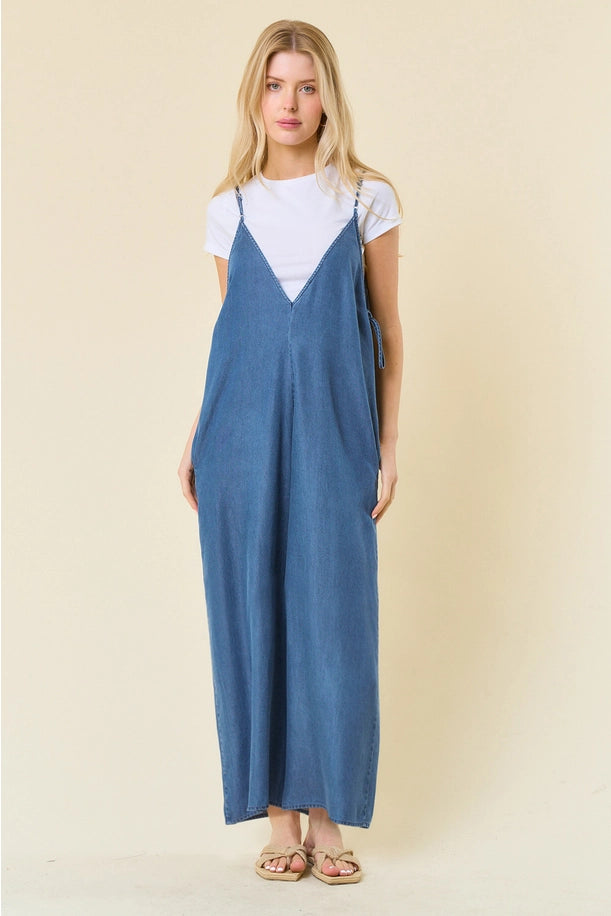 Tencel V-neck Jumpsuit in Medium Denim