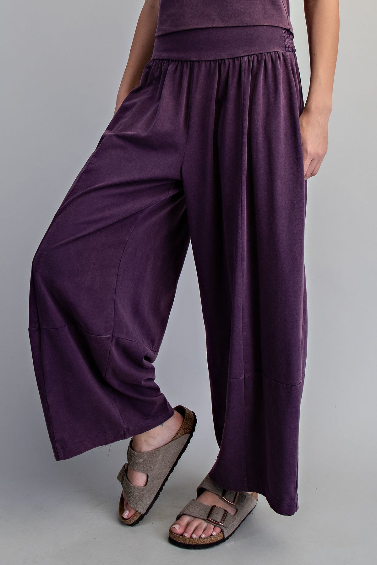 Smocked Pleated Pants in Plum