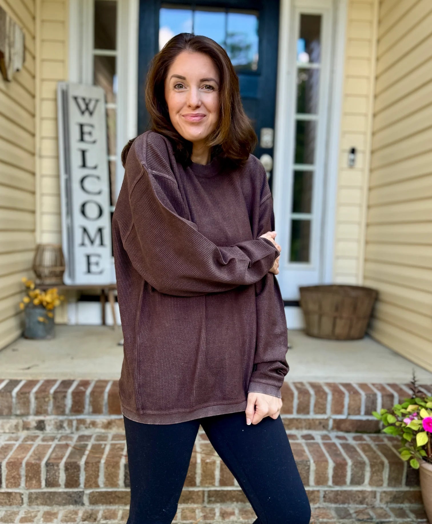 Long Sleeve Corded Crew in Chocolate