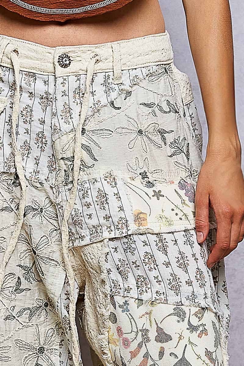 Jacquard Floral Twill Patch Waist Loop Jogger Pants