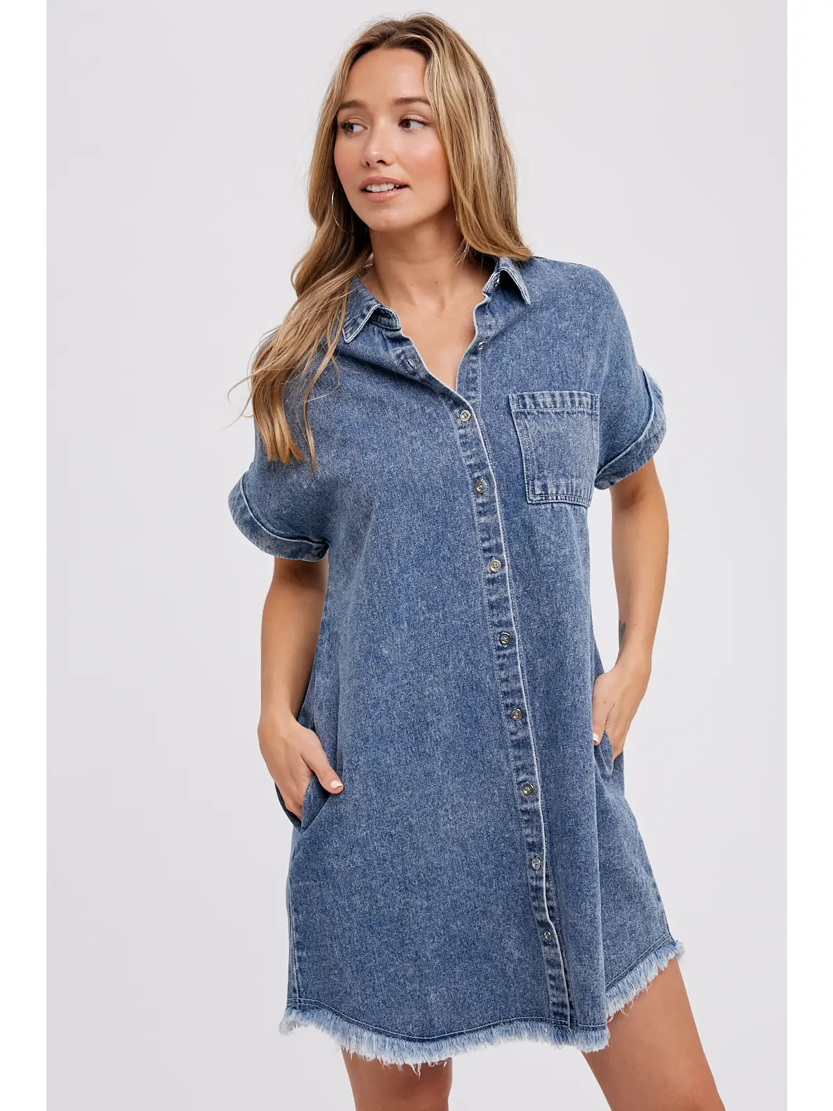 Frayed Hem Denim Shirt Dress