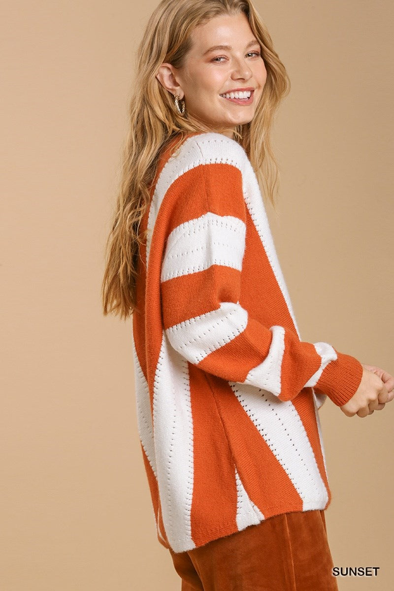 Pointelle Striped V-neck Sweater