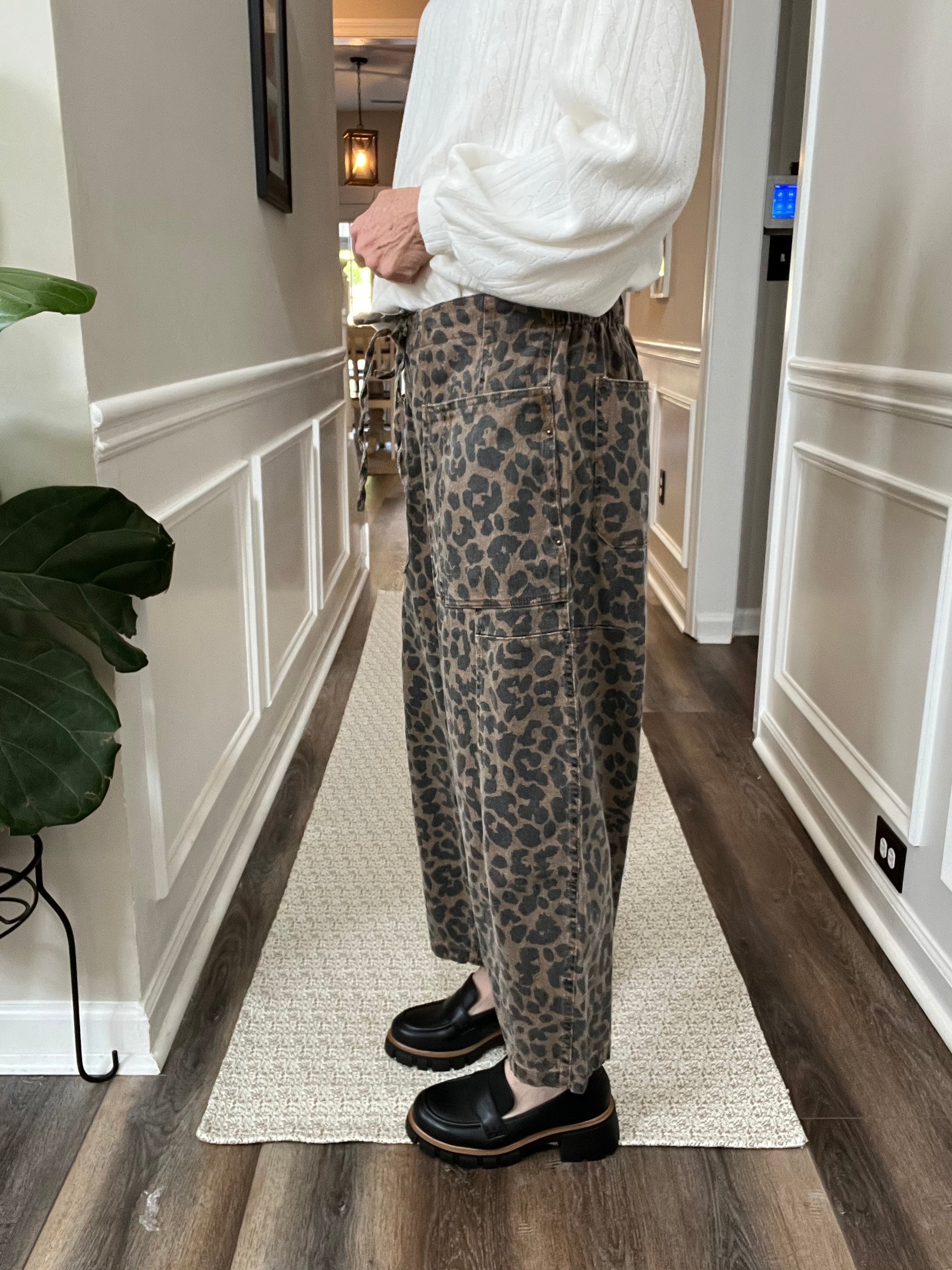 Barrel Drawstring Leopard Denim Pants