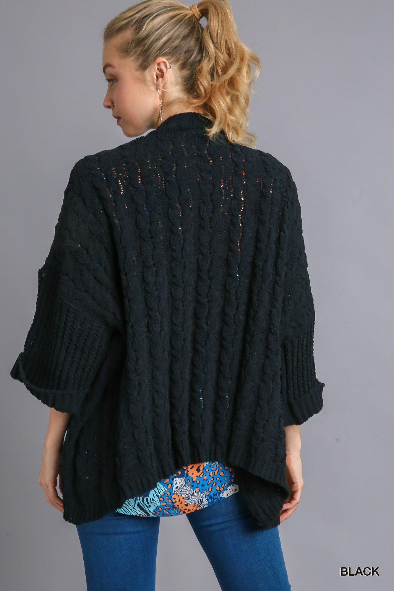 3/4 Folded Sleeve Cable Knit Cardigan in Black