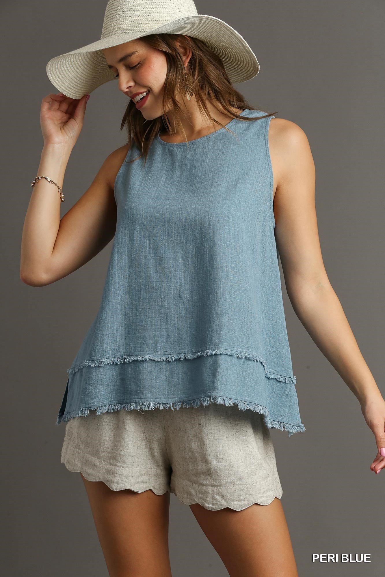 Linen Blend Frayed Edge Sleeveless Top in Denim