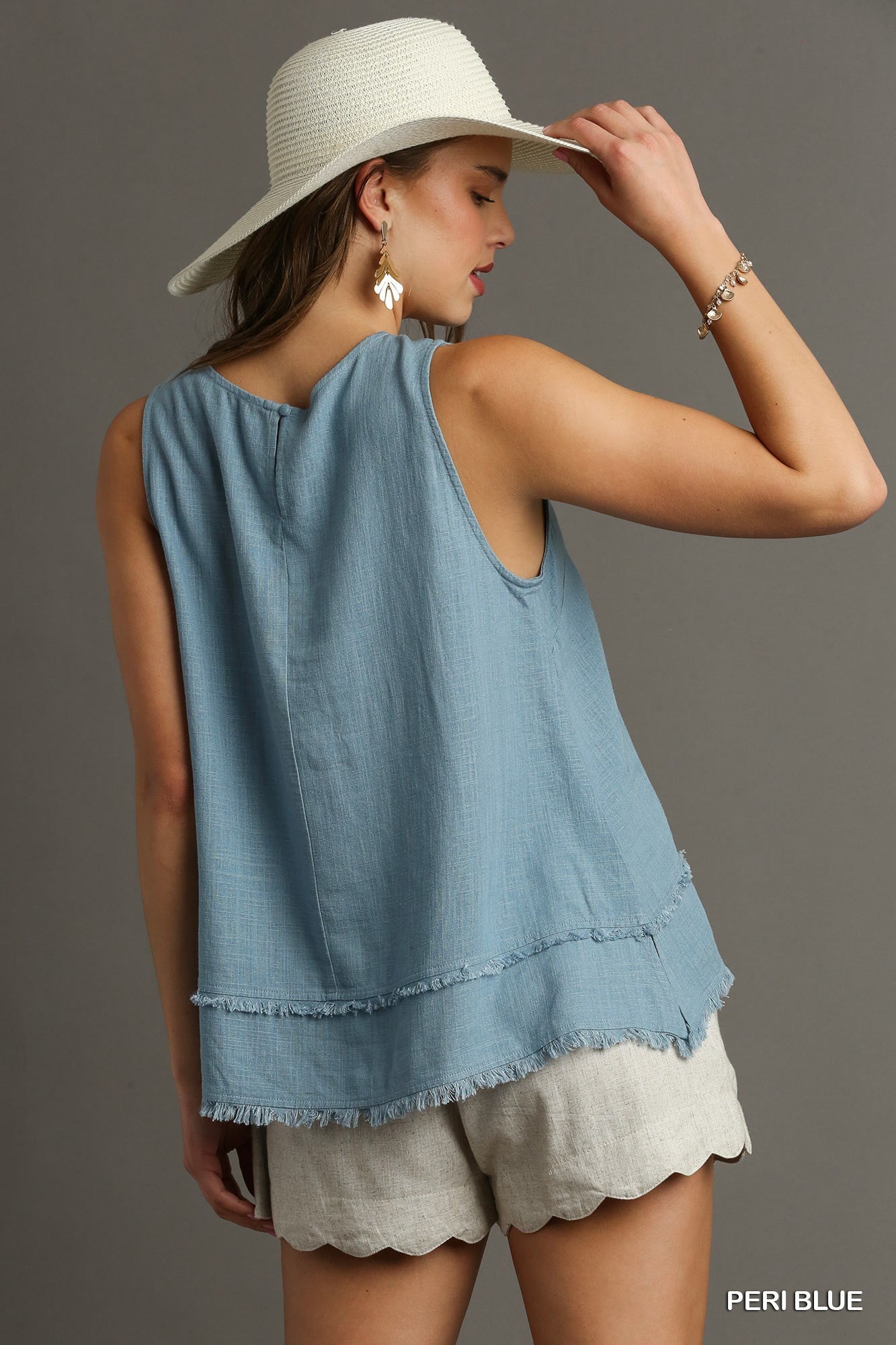 Linen Blend Frayed Edge Sleeveless Top in Denim