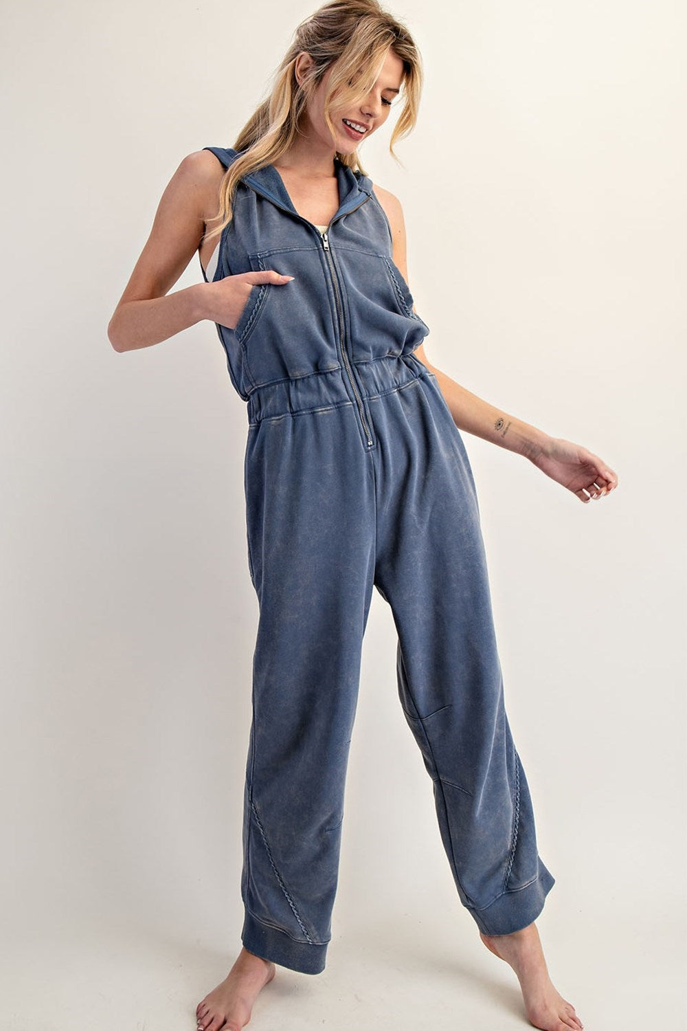 Hooded Jogger Jumpsuit in Denim