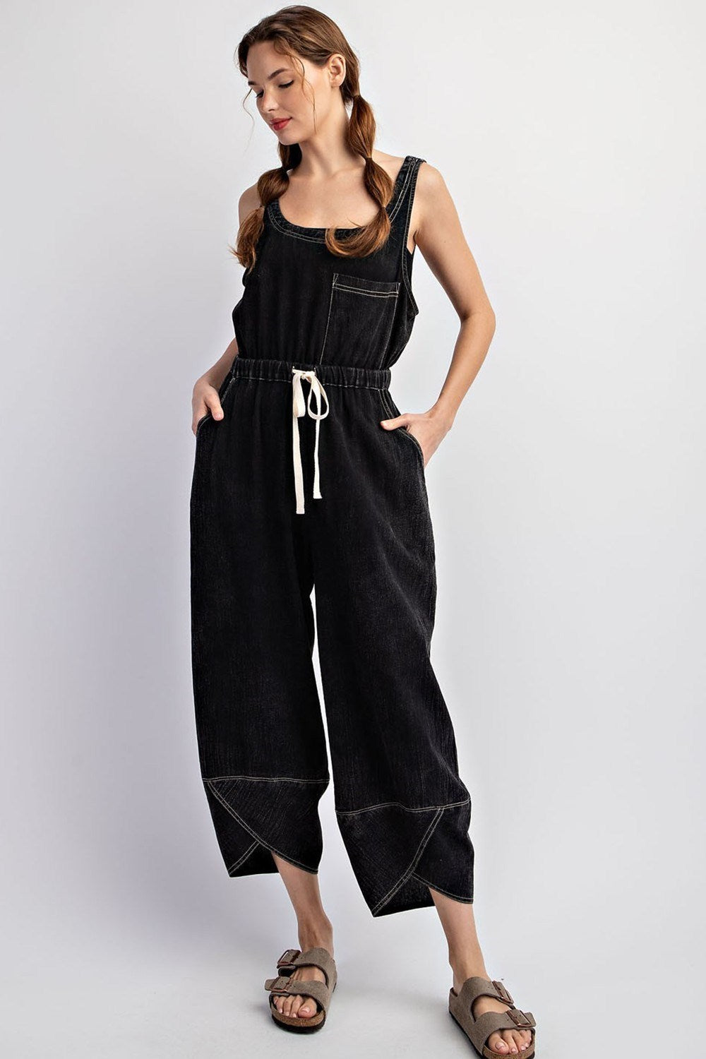 Mineral Washed Waist Tie Jumpsuit in Black