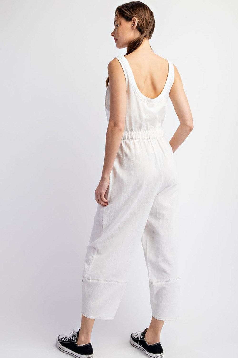 Mineral Washed Waist Tie Jumpsuit in White