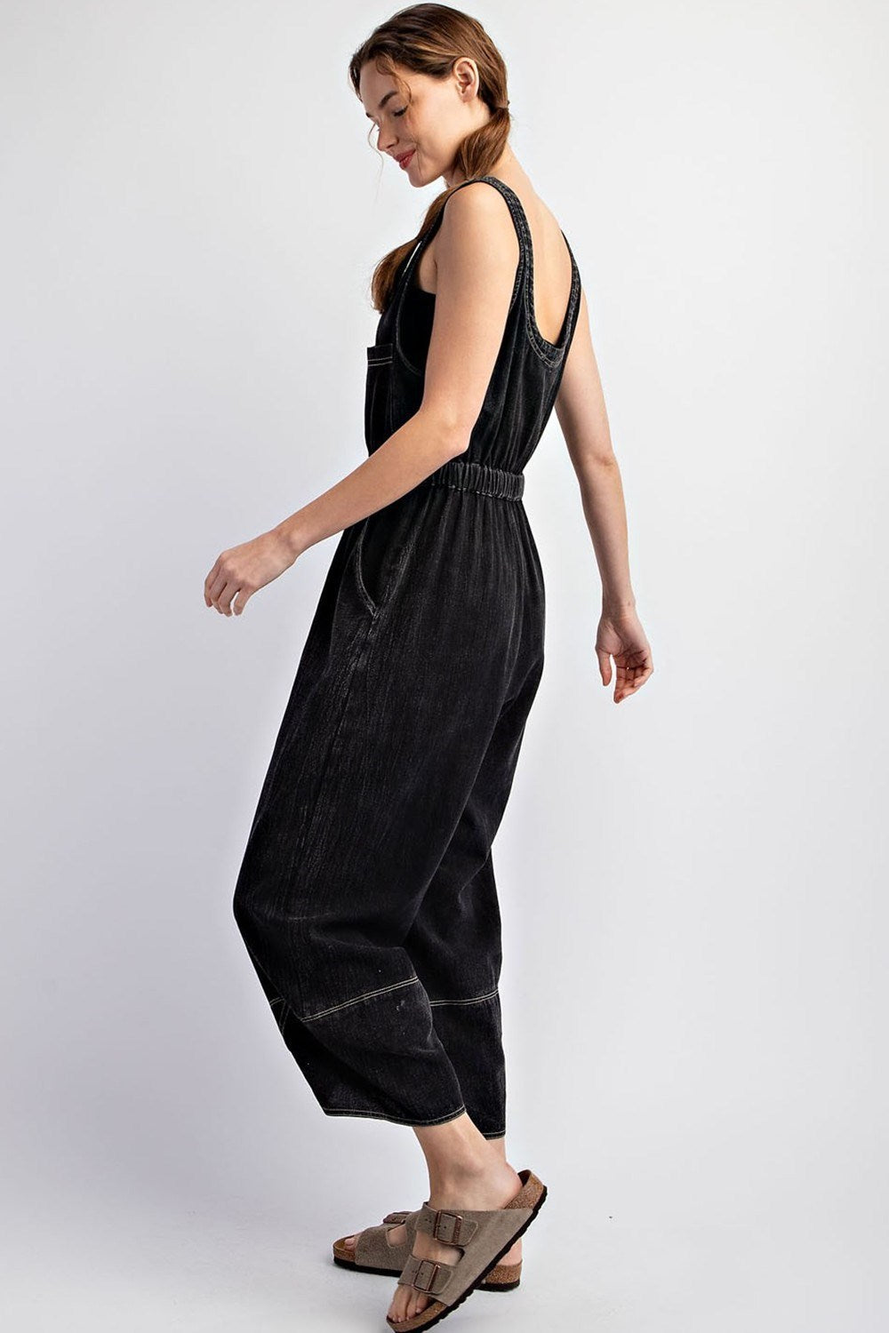 Mineral Washed Waist Tie Jumpsuit in Black