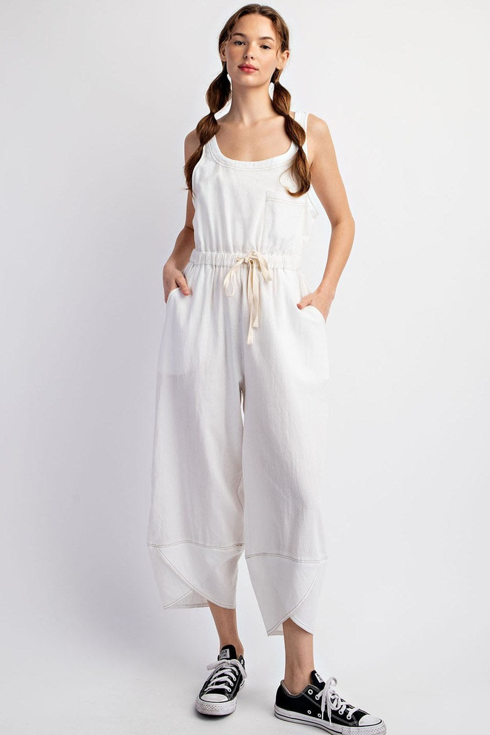 Mineral Washed Waist Tie Jumpsuit in White