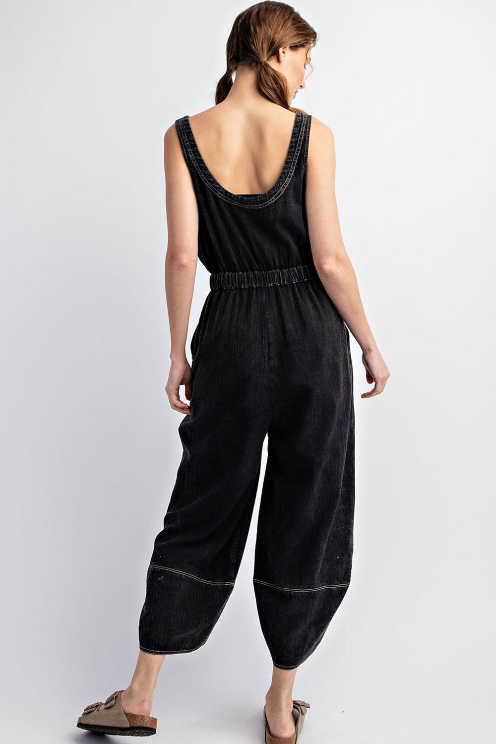 Mineral Washed Waist Tie Jumpsuit in Black