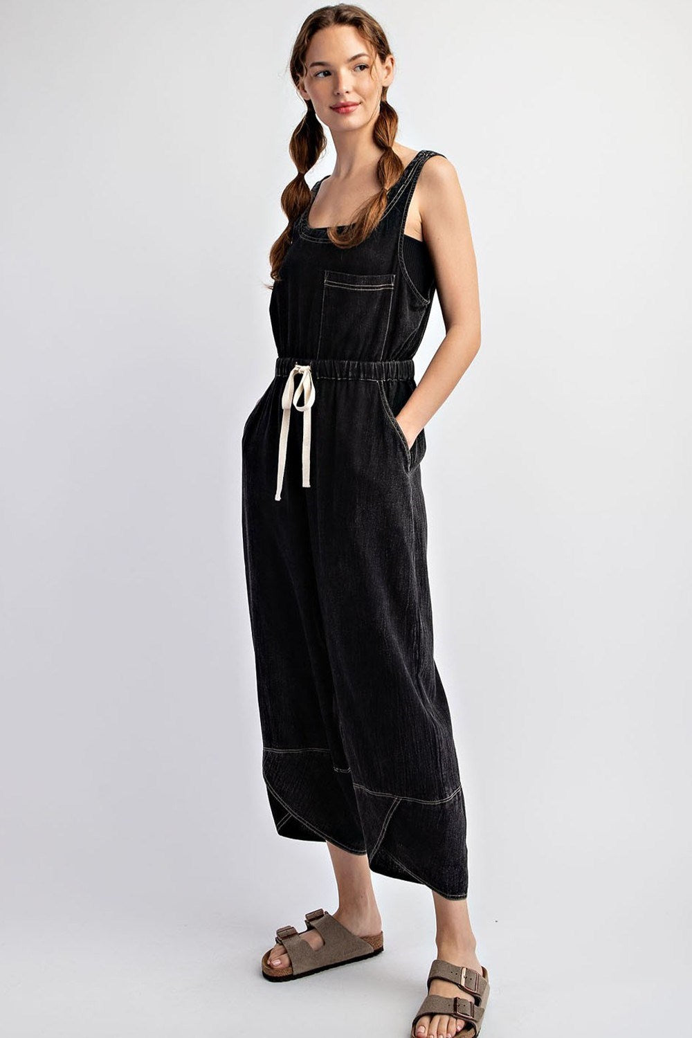 Mineral Washed Waist Tie Jumpsuit in Black