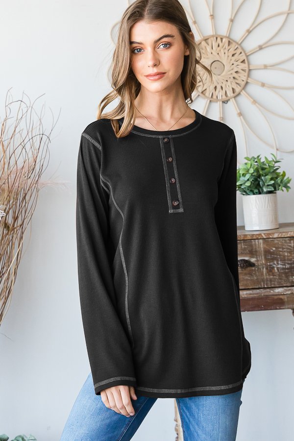 Long Sleeve Round Neck Ribbed Stitch Detail