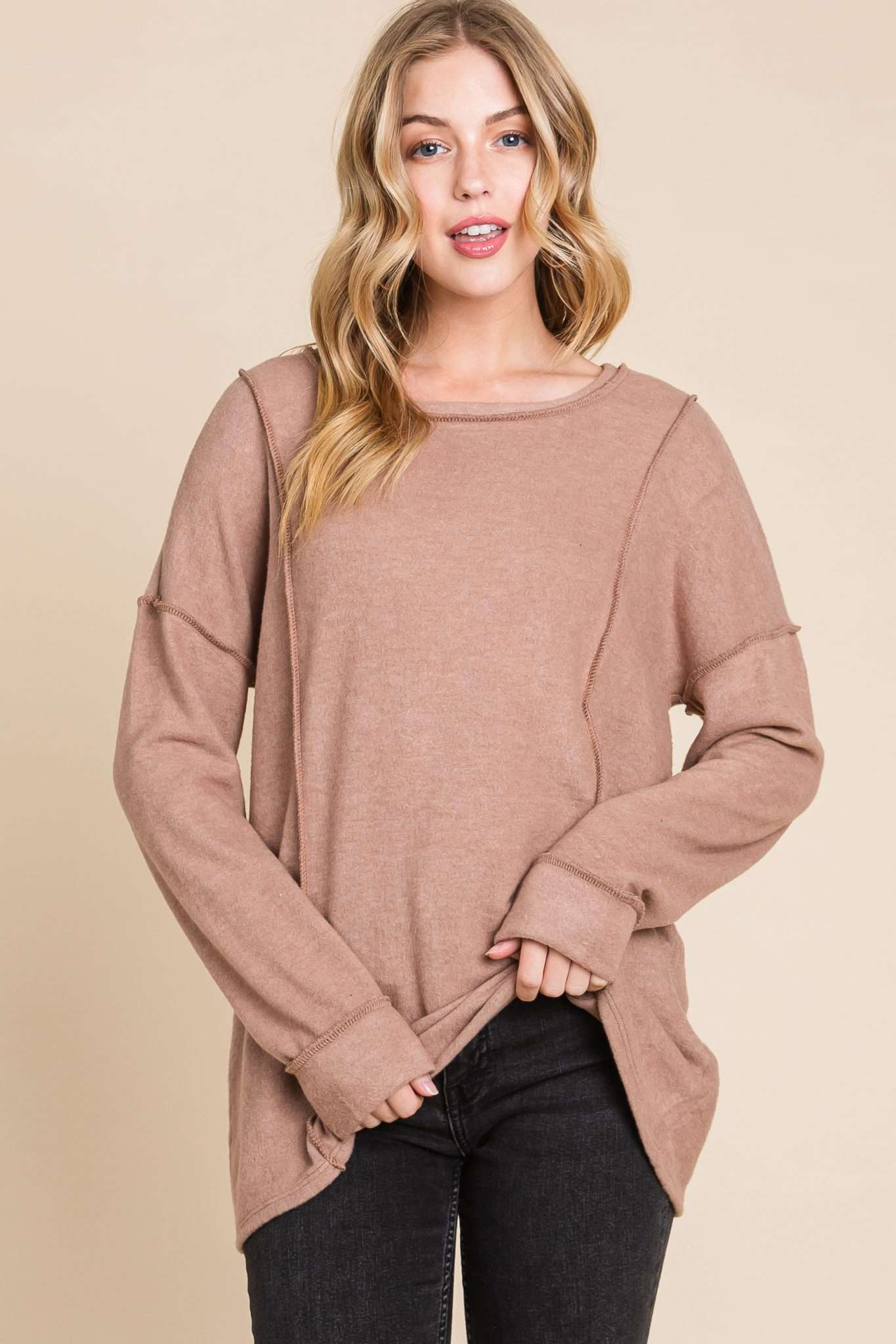 Top stitch top in Camel