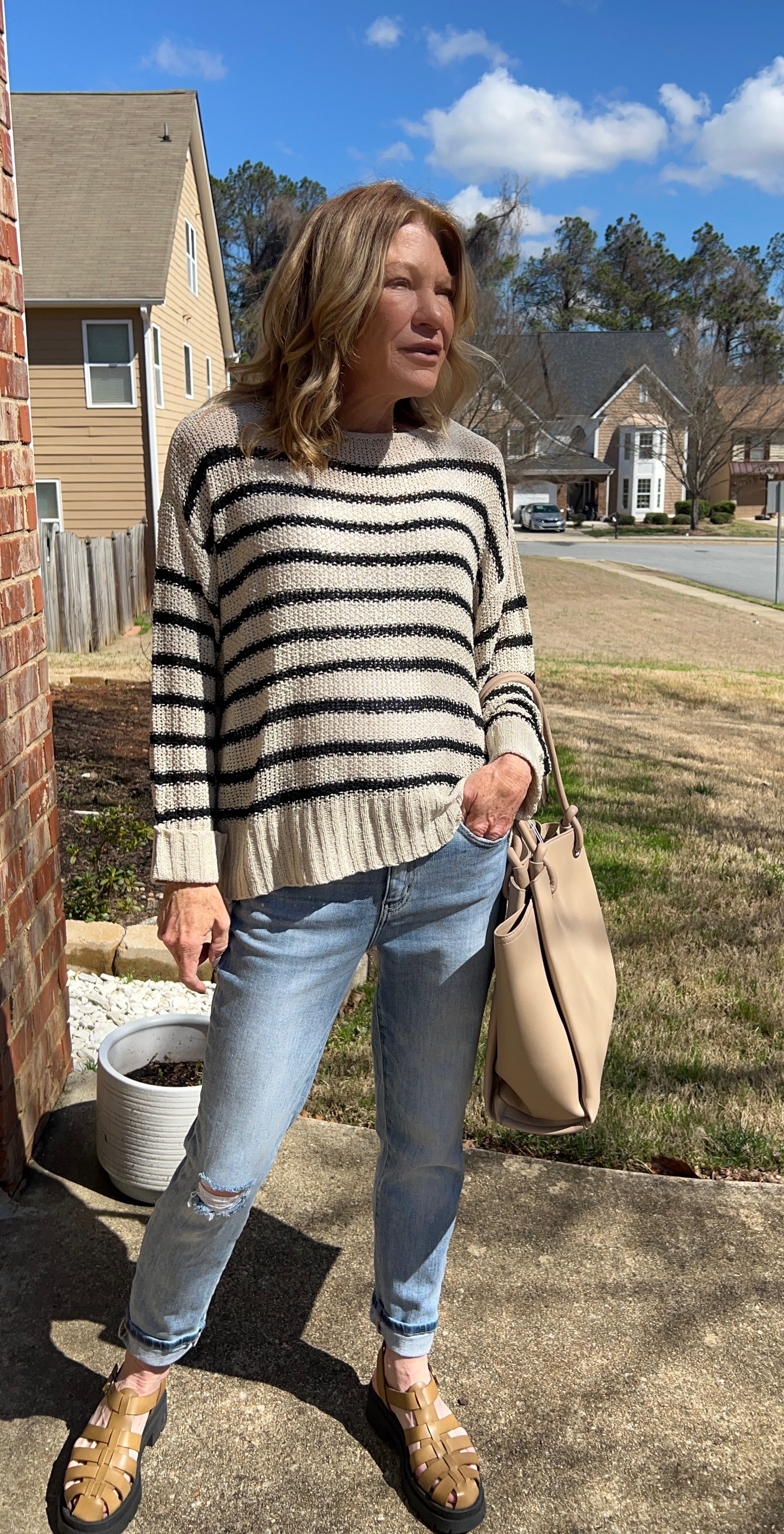 Striped open knit sweater