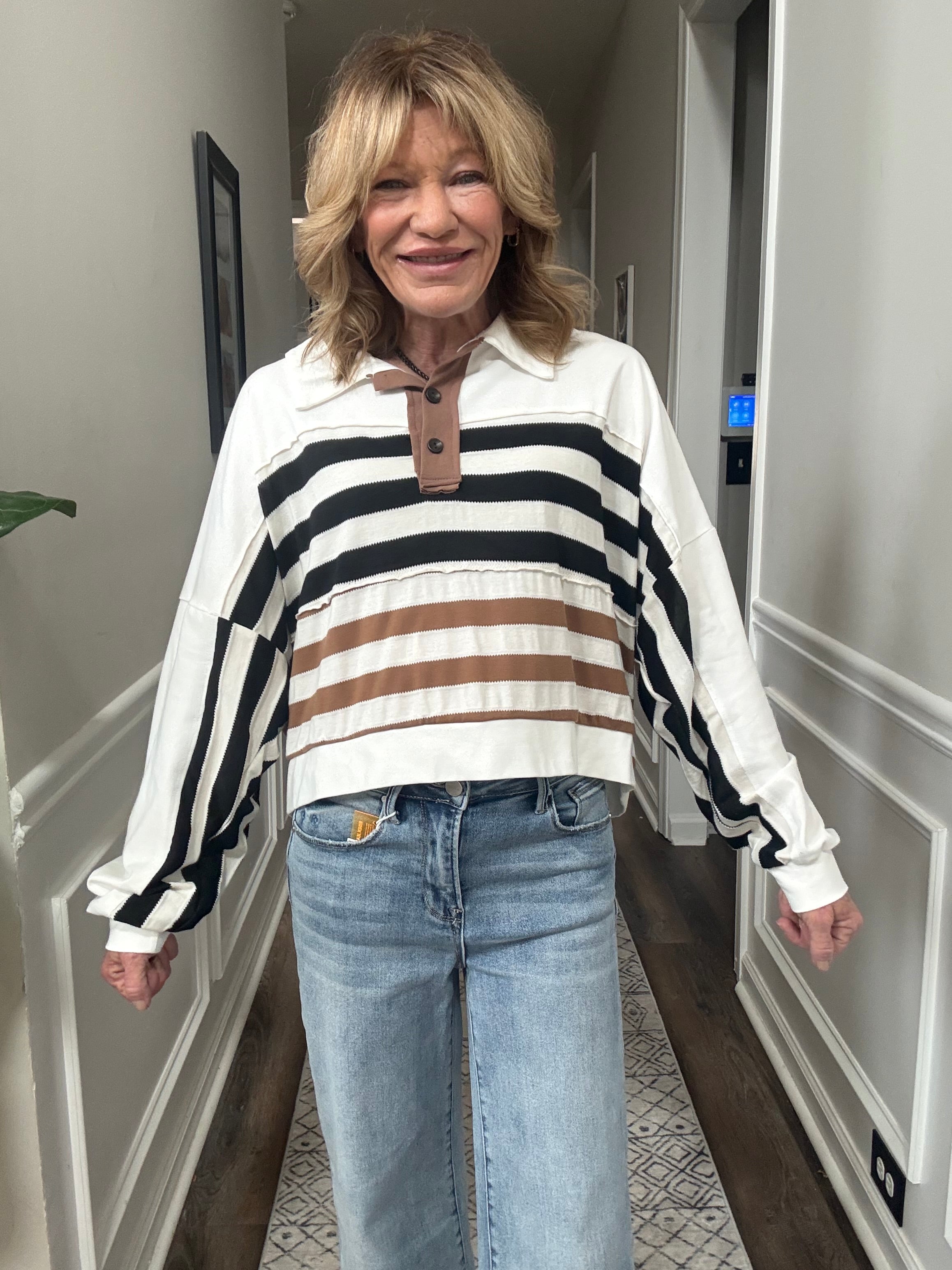 Bucketlist Oversized Striped Collared Crop Top