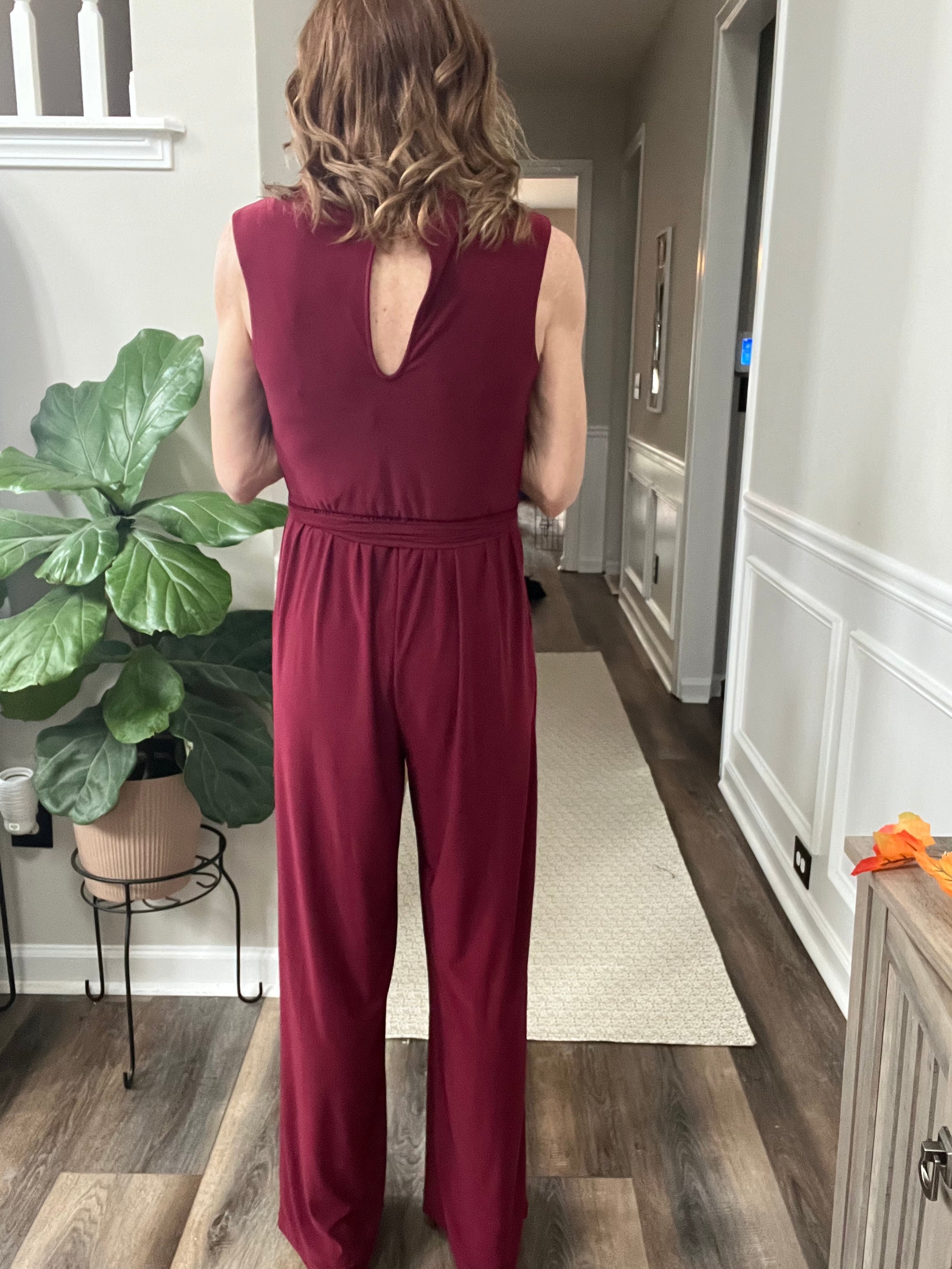 Mock Neck Wide Leg Jumpsuit in Burgundy