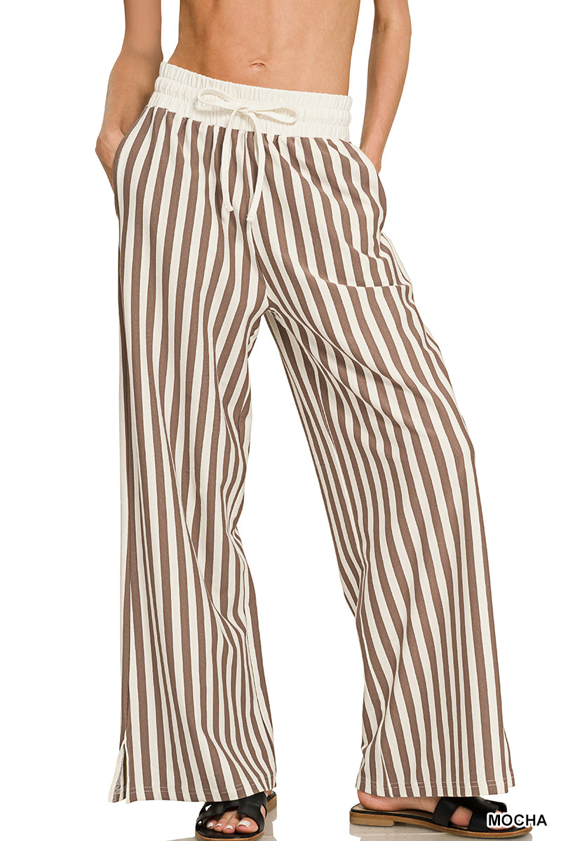 Vertical Stripe Wide Leg Pant in Mocha