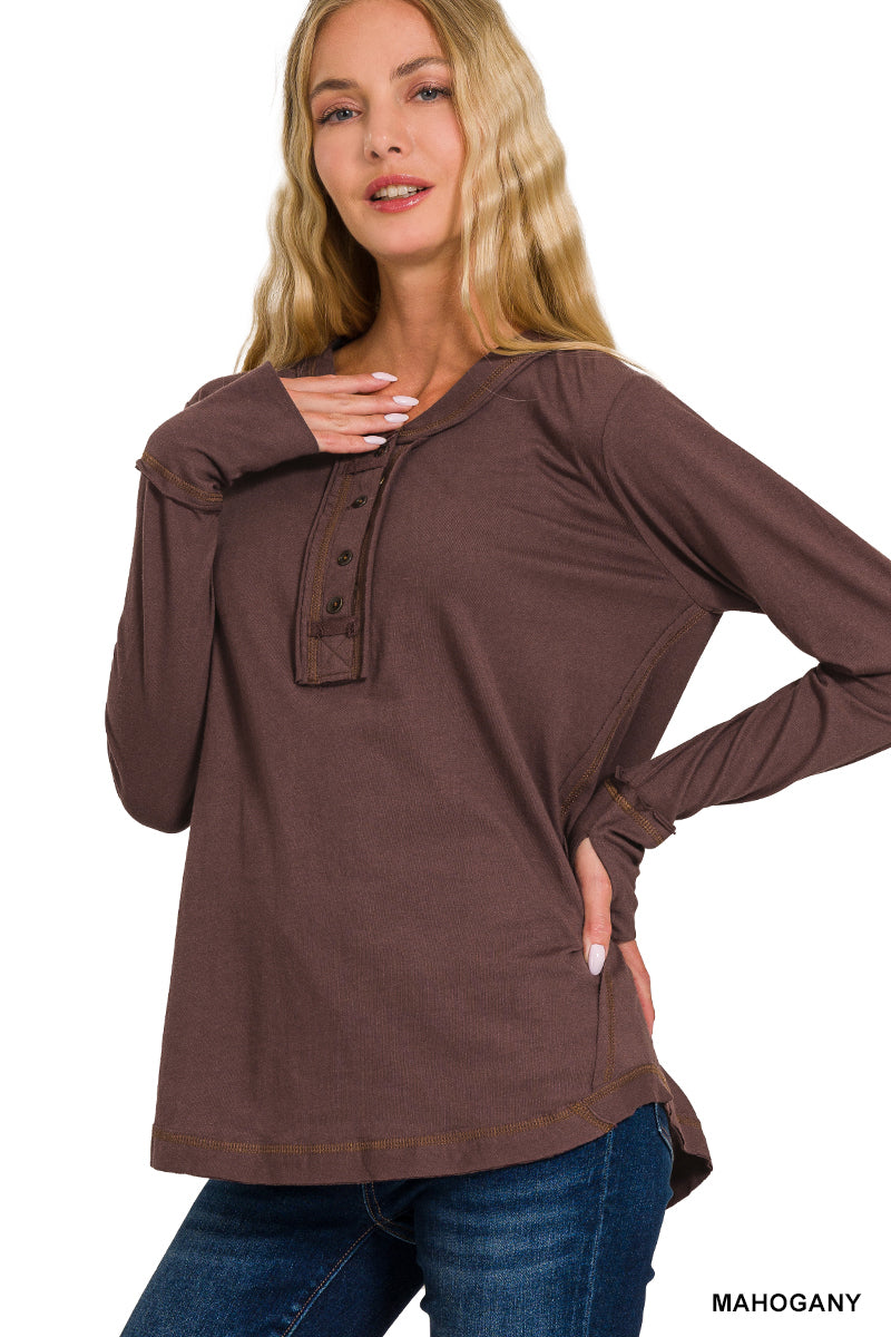 Button Closure Long Sleeve Top in Mahogany